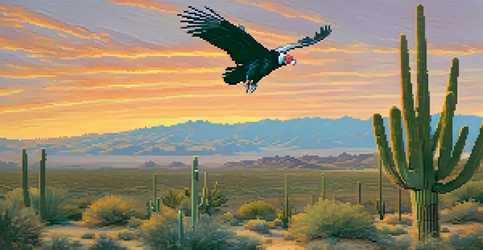 A California condor flying above a desert landscape during sunset, featuring saguaro cacti and rocky terrain.