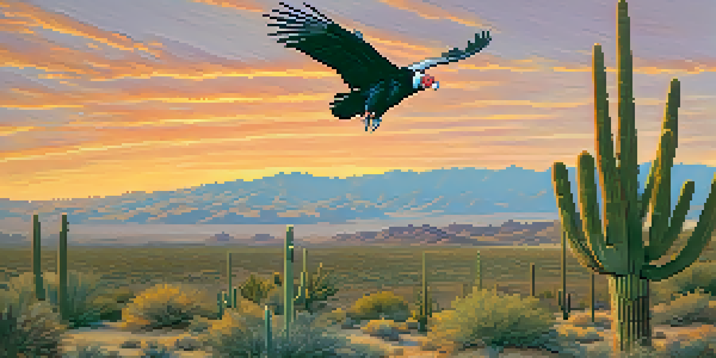 A California condor flying above a desert landscape during sunset, featuring saguaro cacti and rocky terrain.
