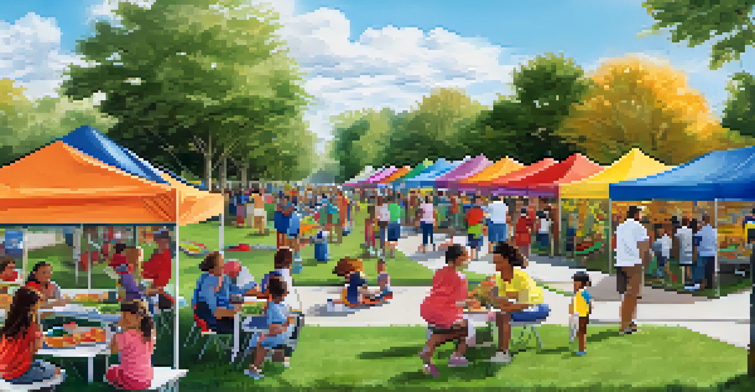 A community health initiative event in a park with families participating in nutrition and fitness activities, colorful booths, and children playing.
