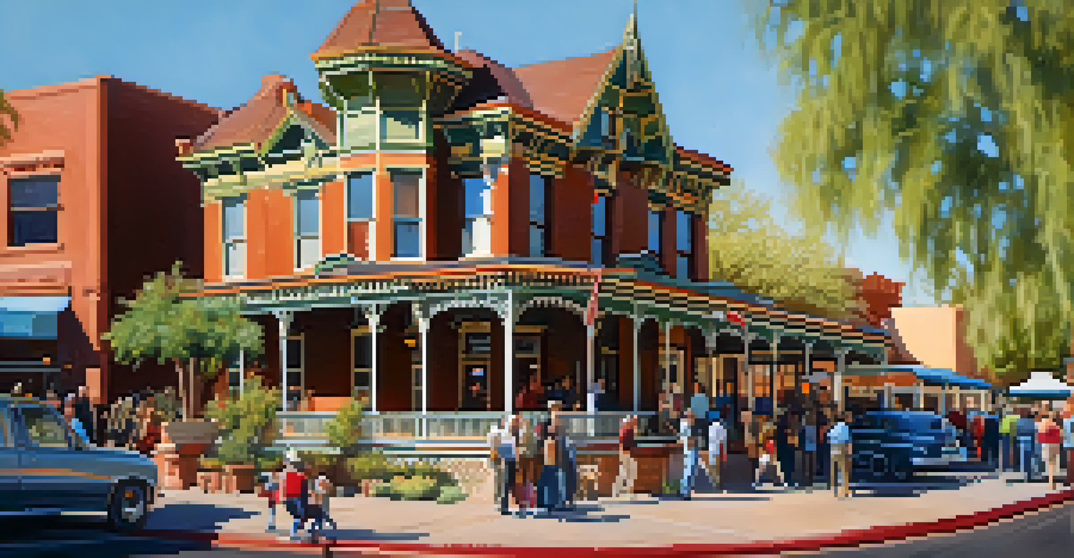 Heritage Square in downtown Phoenix, showcasing the historic Rosson House and a festive atmosphere with visitors and vendors.