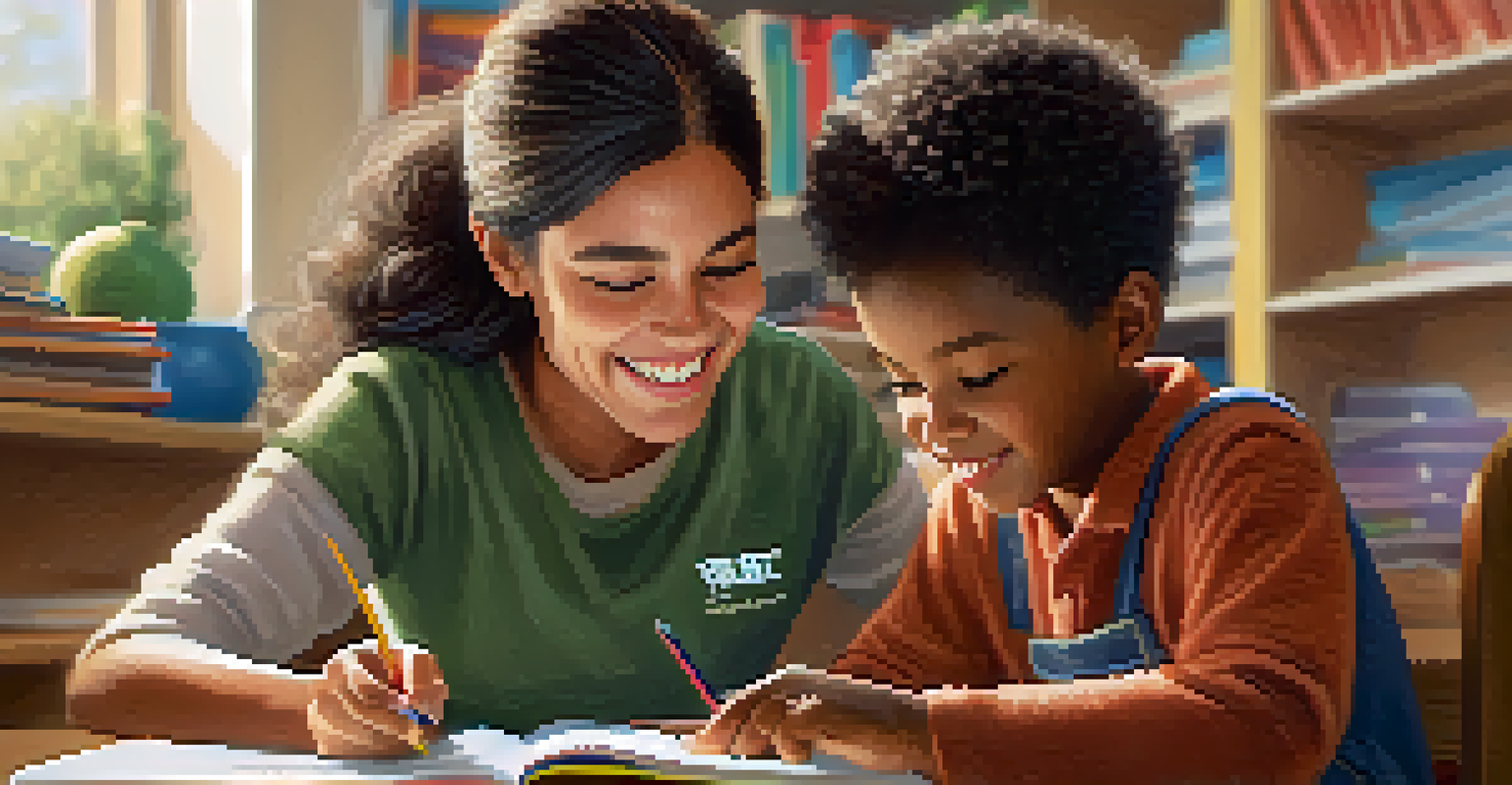 A volunteer assisting a child with homework in a cozy community center study area, with bookshelves and soft natural lighting.