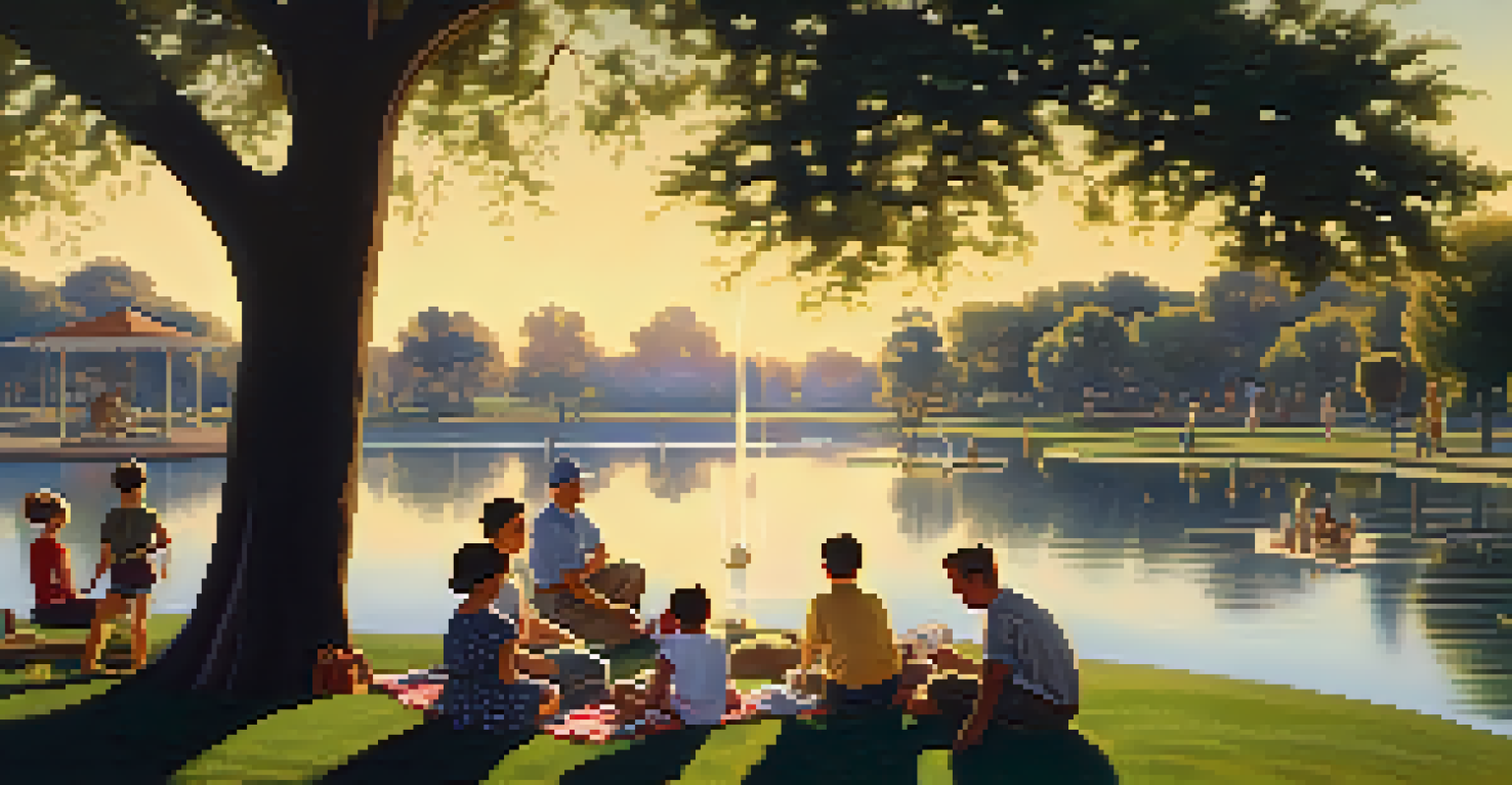 Families enjoying a picnic by the lake at Encanto Park during the Great Depression, with a serene sunset in the background.