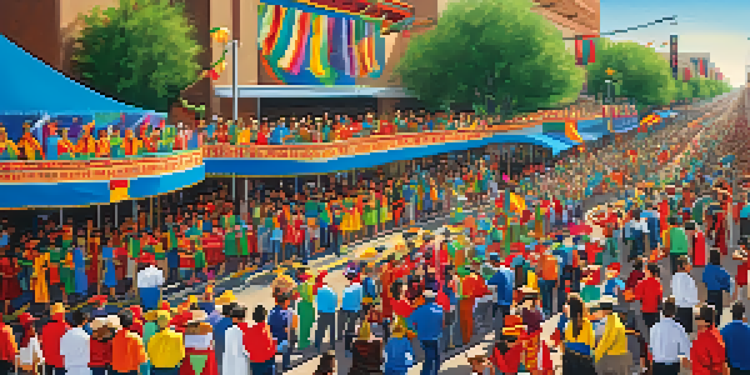 A lively parade scene with colorful floats and dancers celebrating Hispanic heritage in Phoenix.