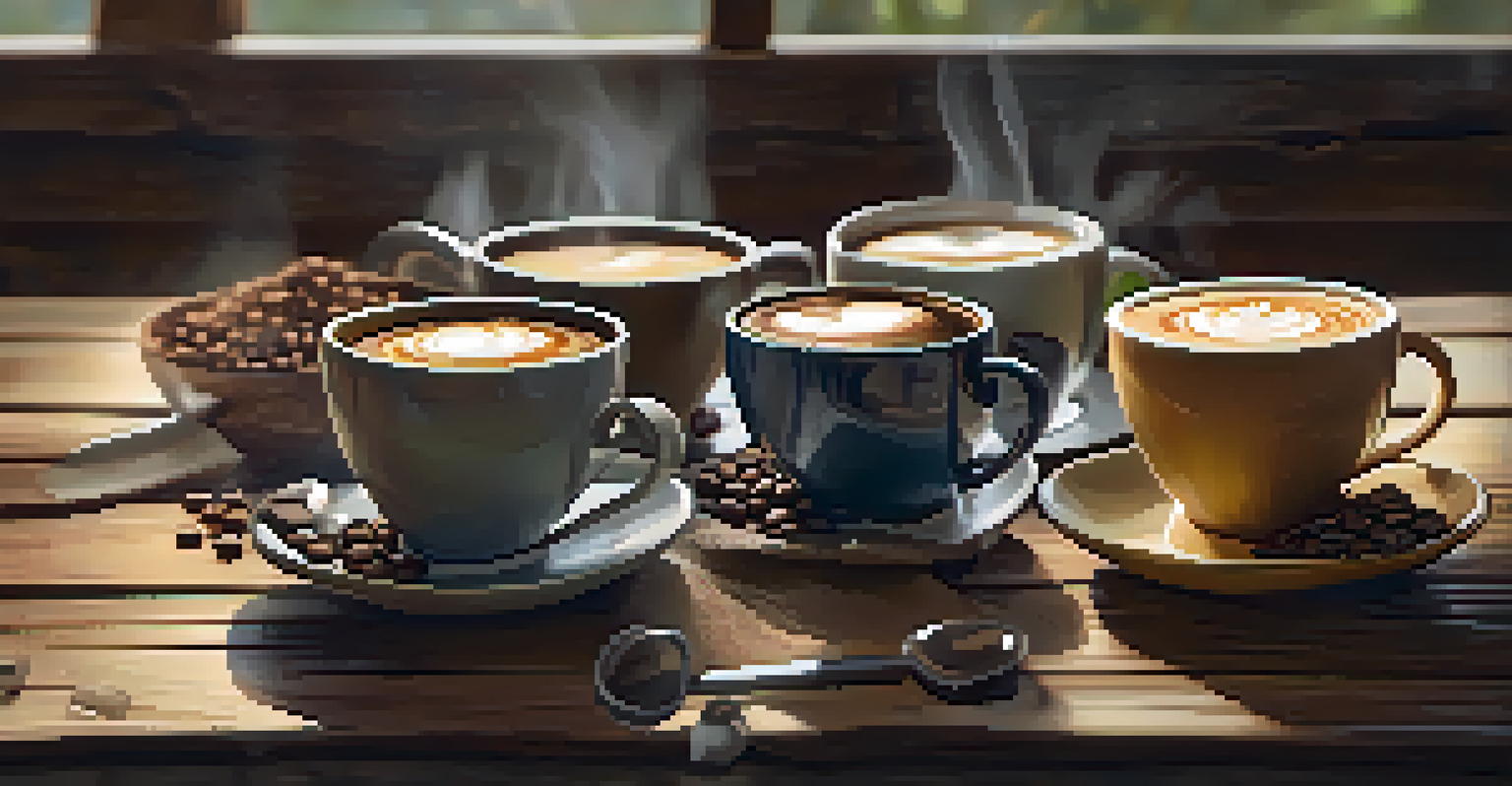 Coffee cupping session with cups of different brews on a rustic wooden table, showcasing tasting notes and coffee beans.