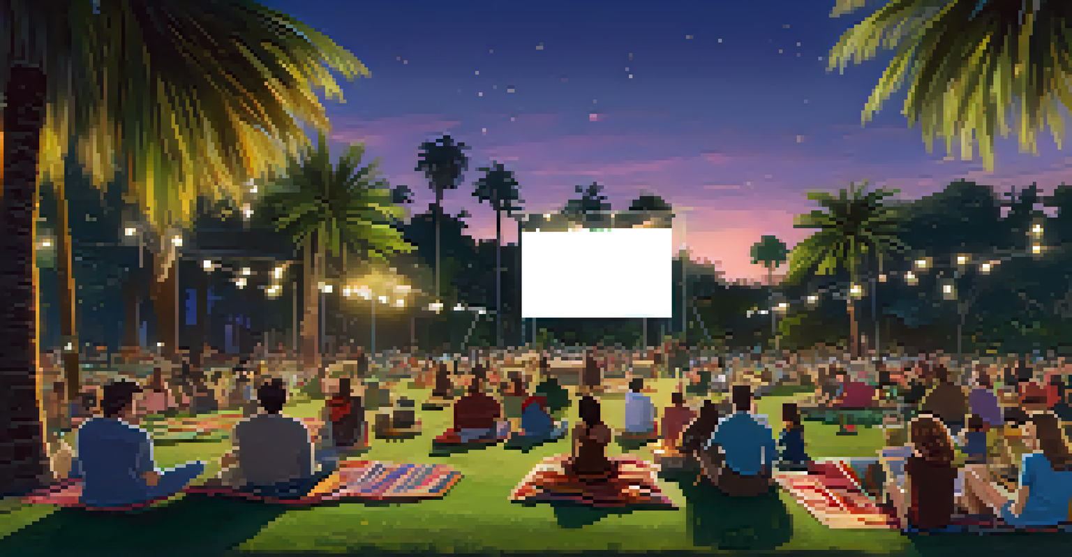 A community film event in a park with people watching a movie outdoors at sunset.
