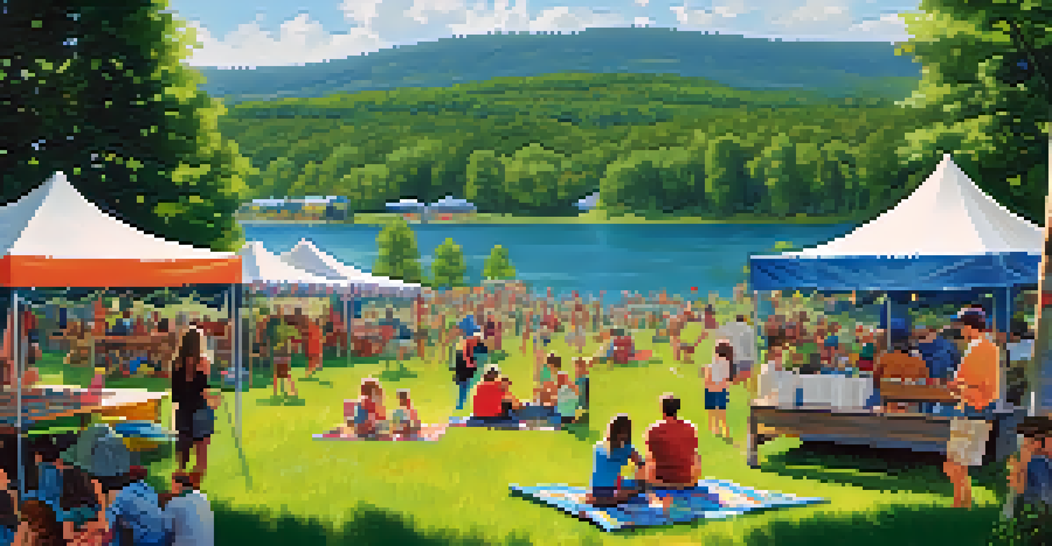A panoramic view of the Lost Lake Music Festival with families enjoying the event near a lake, colorful tents, and performers on stage.