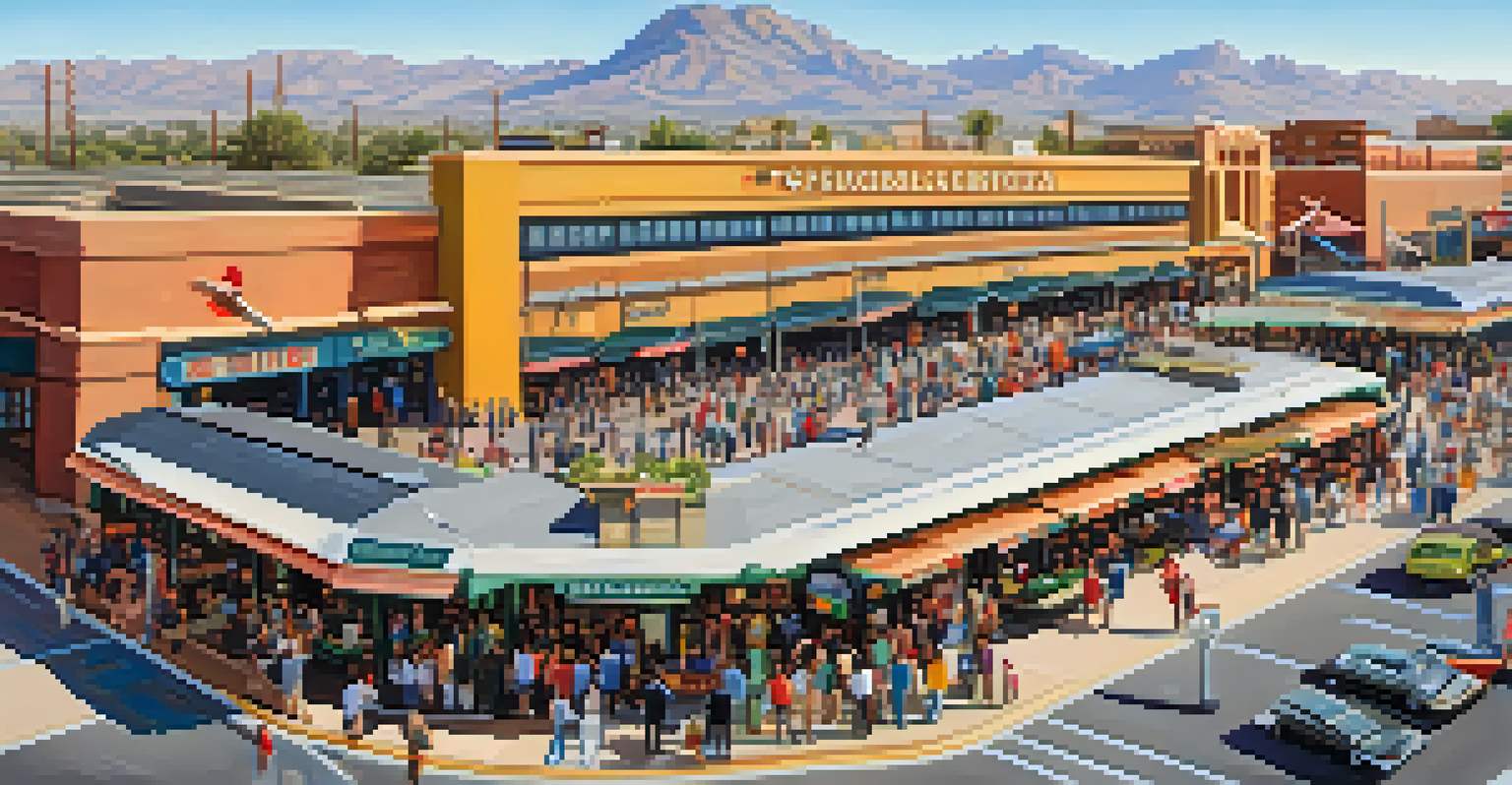 An aerial view of a busy train station in Phoenix, Arizona, filled with travelers and shops.