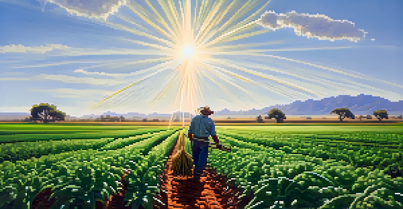 A farmer tending to crops using drip irrigation in a sunny field, highlighting sustainable agriculture.