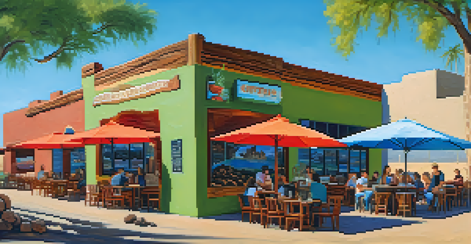 Outdoor patio of a local coffee roaster in Phoenix with patrons enjoying coffee and a colorful mural in the background.