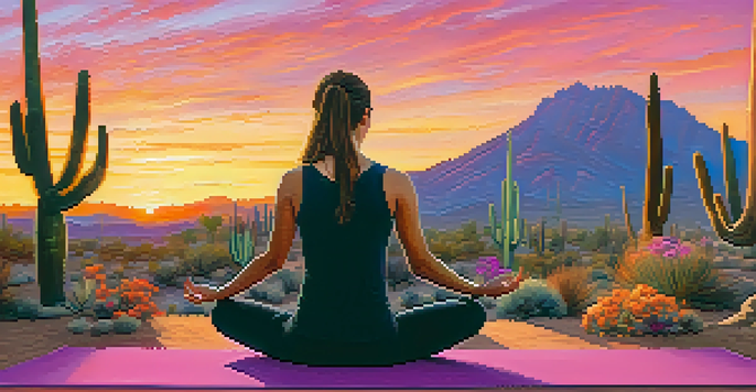 A person practicing yoga at sunset in a desert landscape, with cacti and Camelback Mountain in the background.