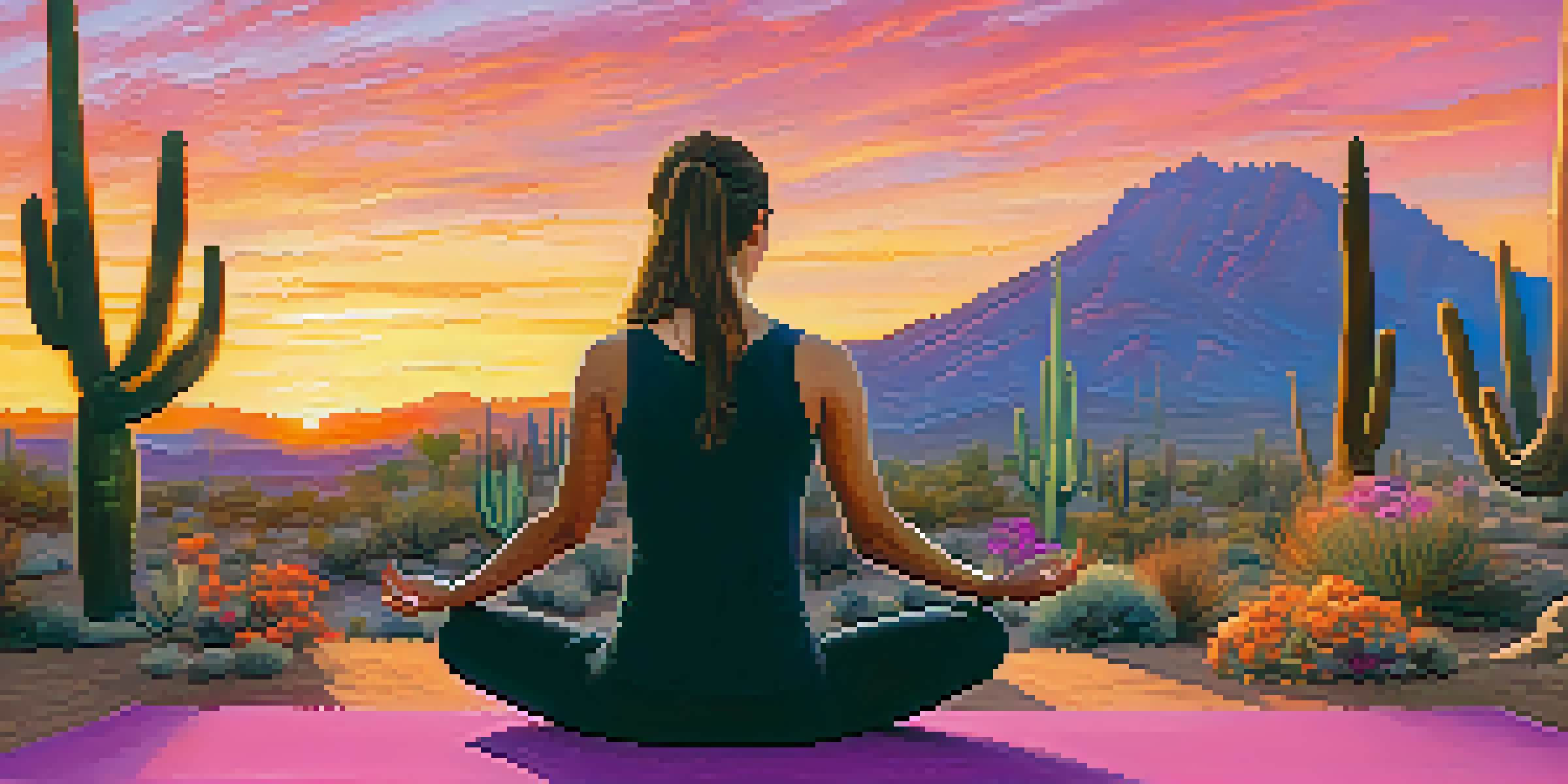 A person practicing yoga at sunset in a desert landscape, with cacti and Camelback Mountain in the background.