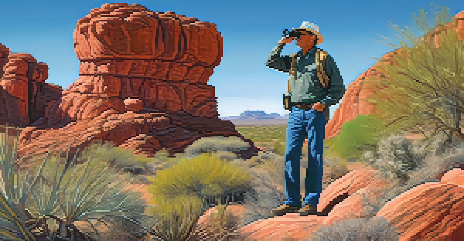 A birdwatcher on a trail in Papago Park, with red rock formations and a Gambel's quail in a vibrant desert setting under a clear blue sky.