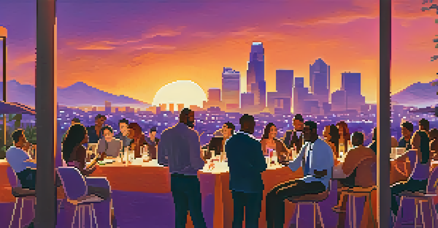 A networking event in Phoenix with diverse young entrepreneurs socializing against a sunset skyline.