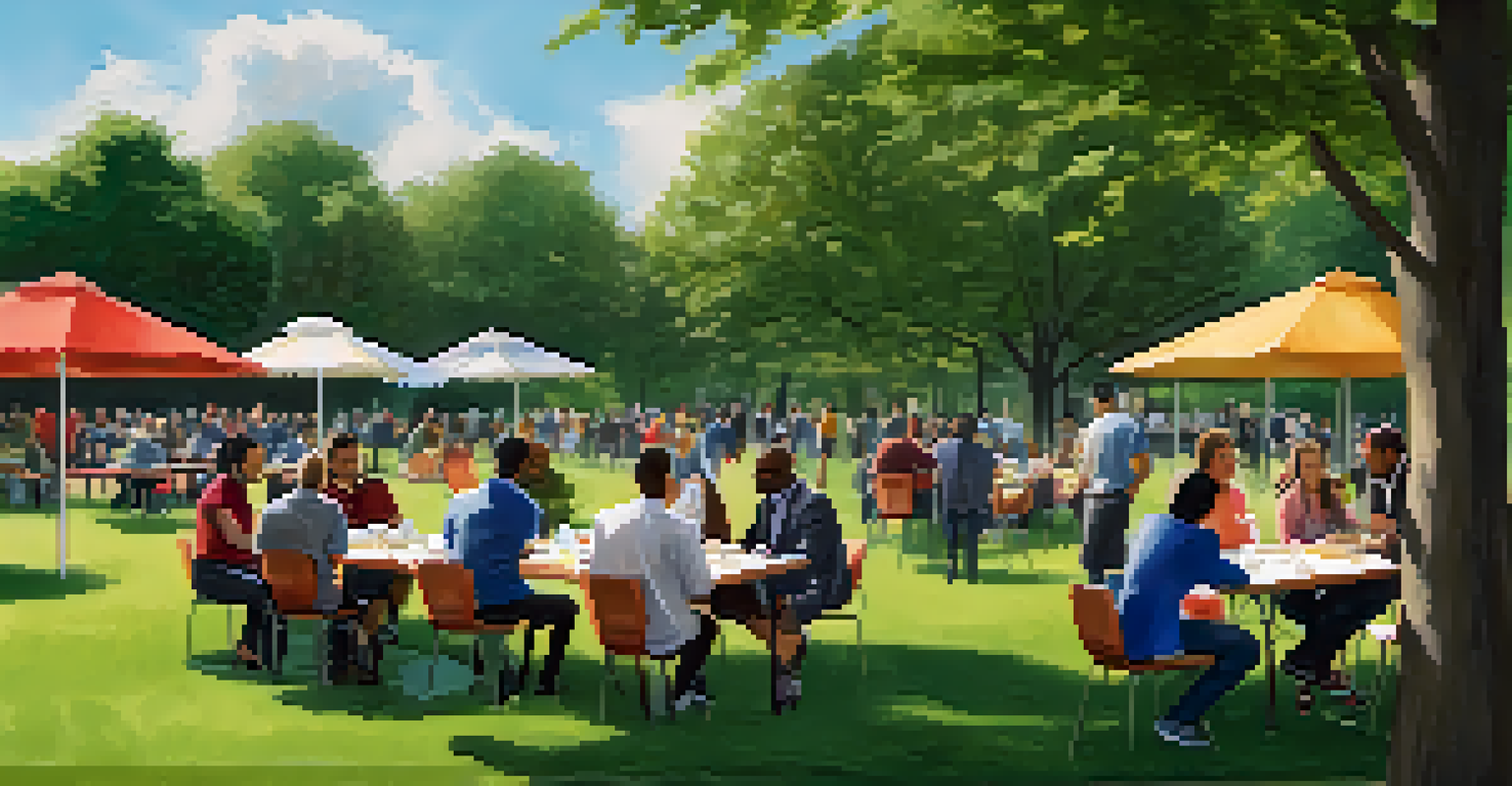 An outdoor Toastmasters networking event in a park, featuring members mingling and exchanging ideas in a bright and inviting setting.