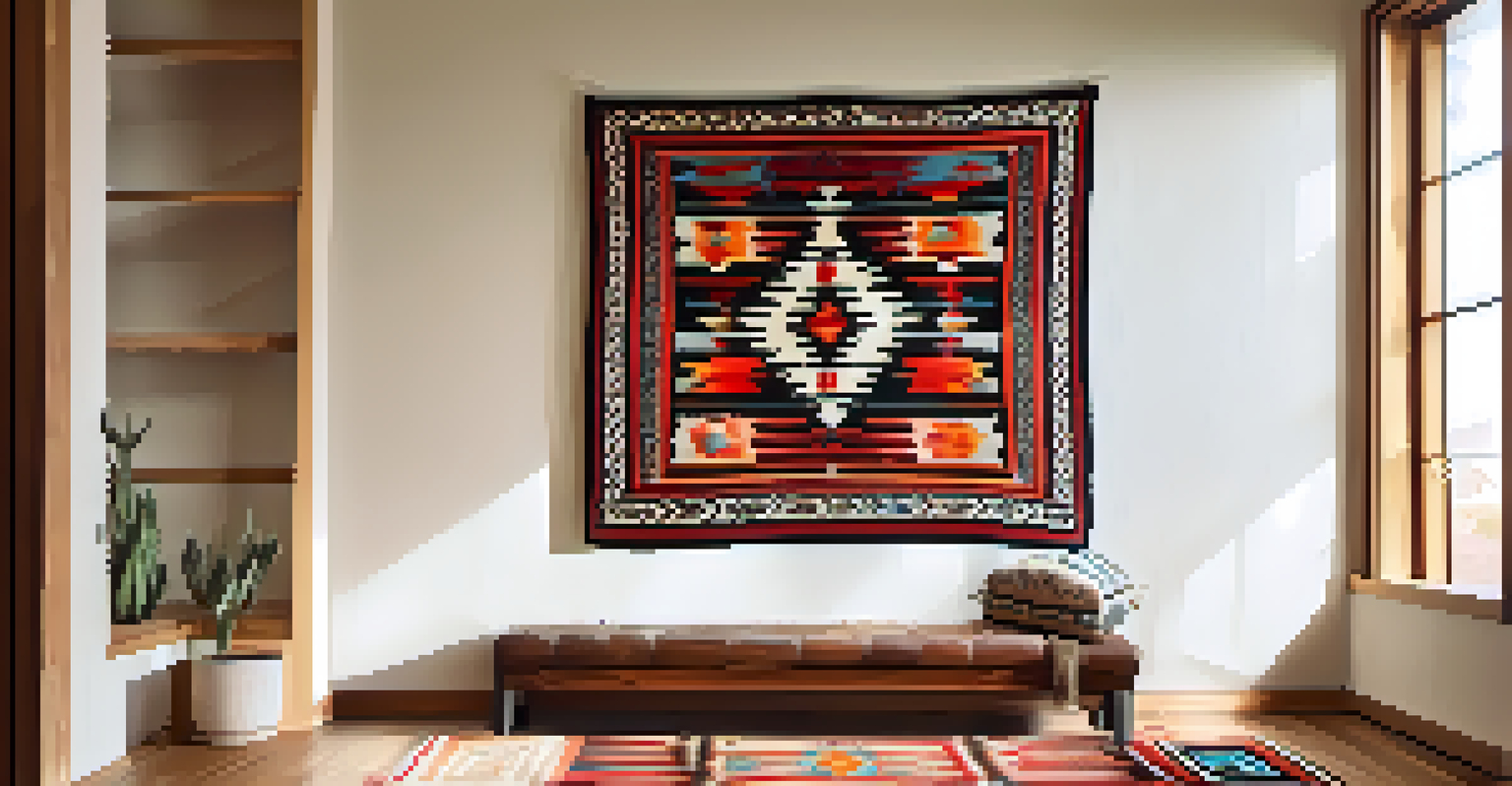 A colorful Navajo rug with geometric patterns displayed on a wall, accompanied by a traditional figurine, illuminated by natural light.