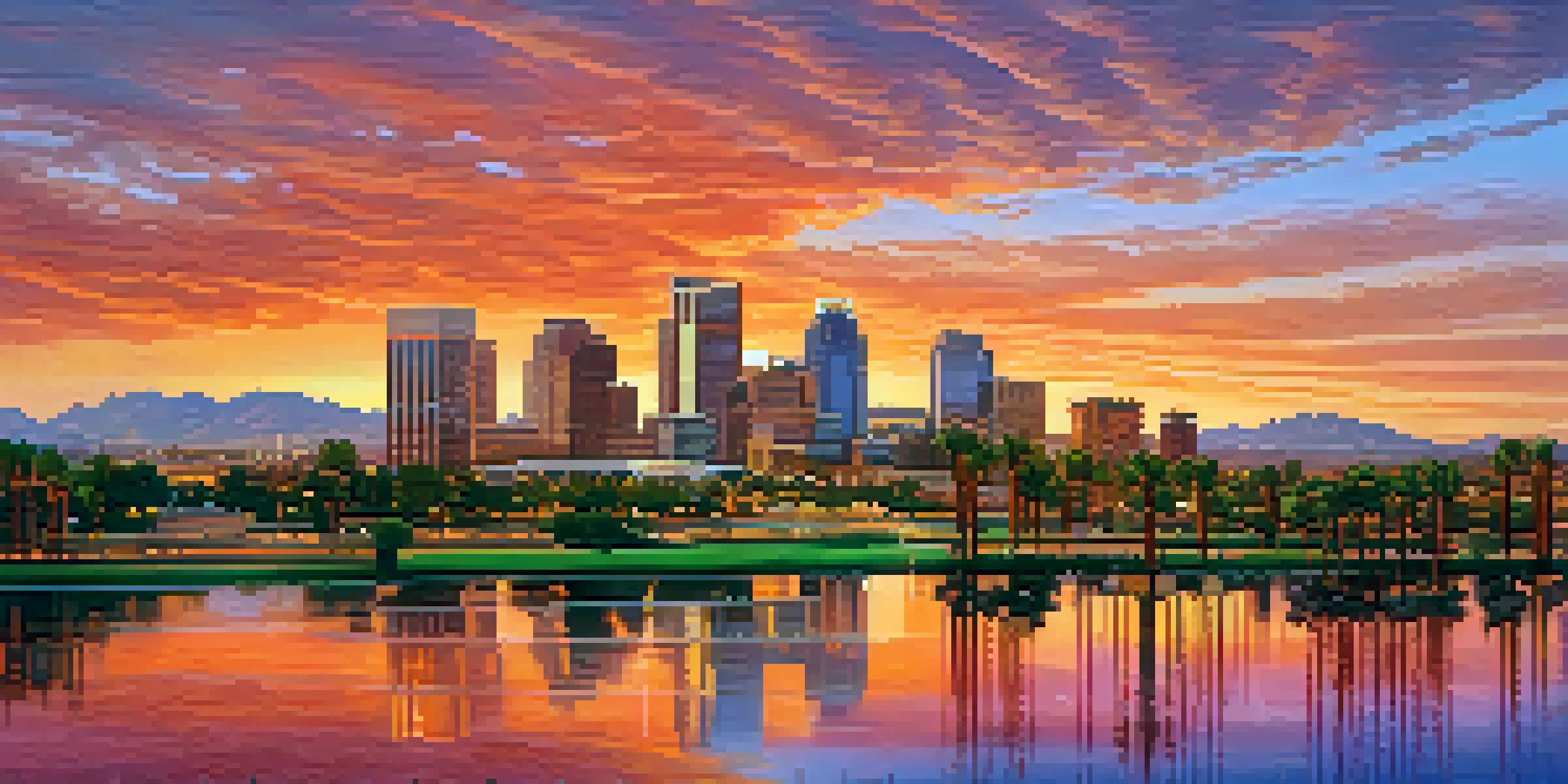 A sunset view of Phoenix skyline with modern skyscrapers and palm trees in the foreground.
