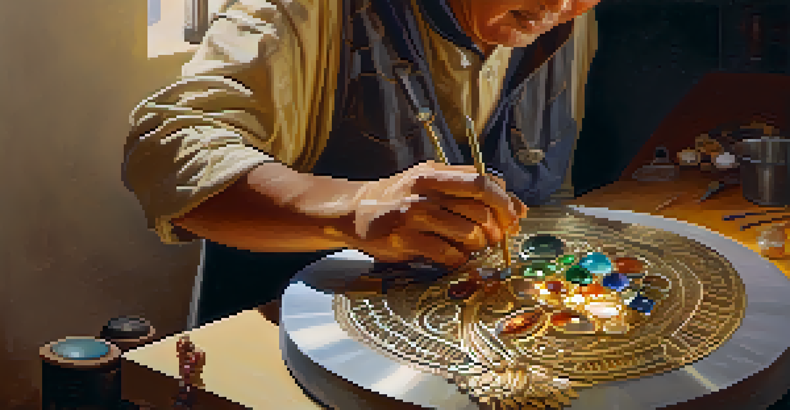 An artisan in Phoenix working on a handmade jewelry piece, focusing on setting a gemstone, with tools and materials around.