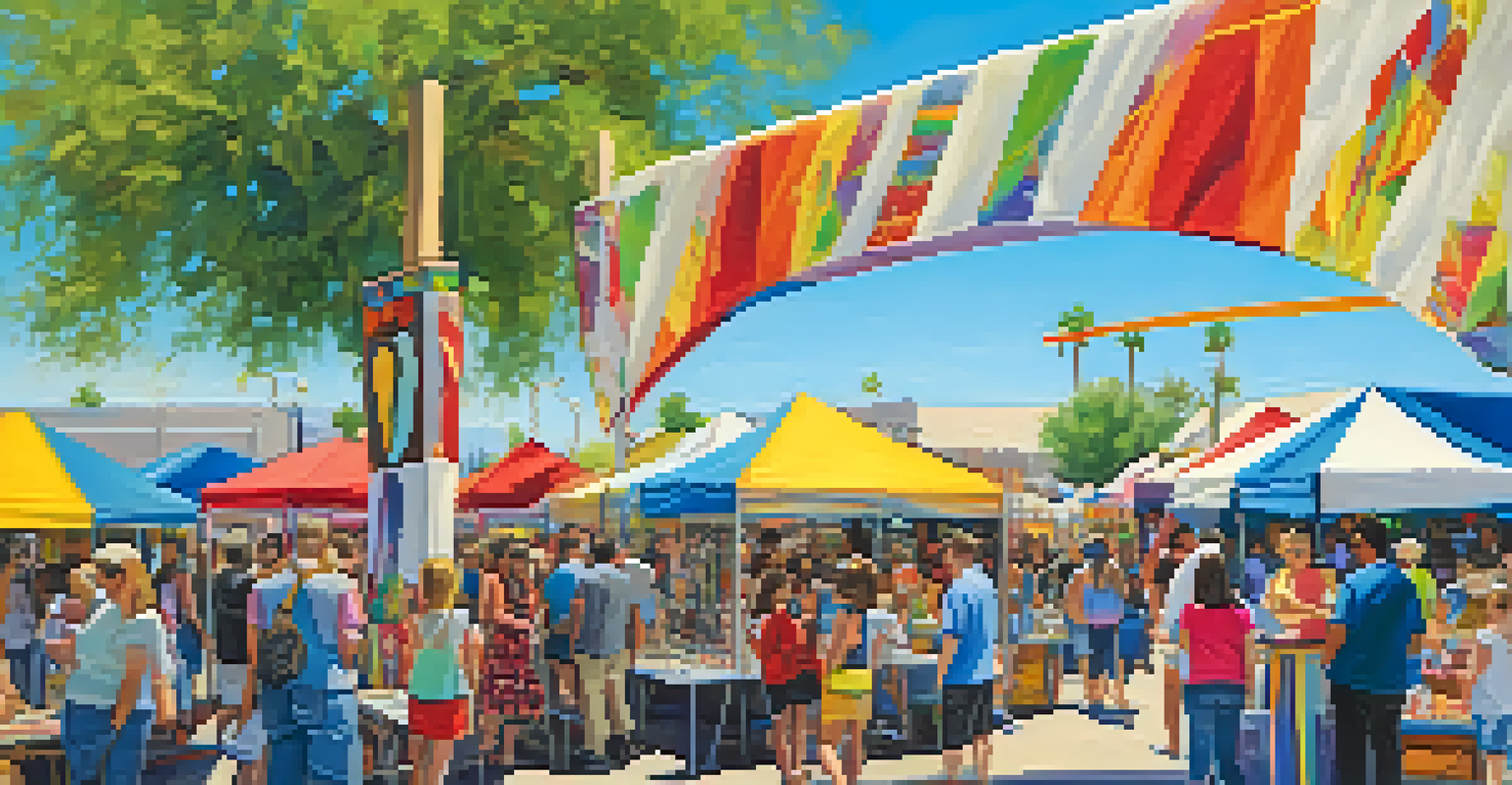 A community art fair in Phoenix showcasing student artwork and families engaging in workshops under a sunny sky.