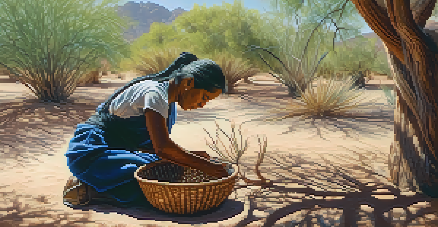 A Tohono O'odham artist weaving a basket outdoors, surrounded by a desert landscape with sunlight filtering through tree leaves.
