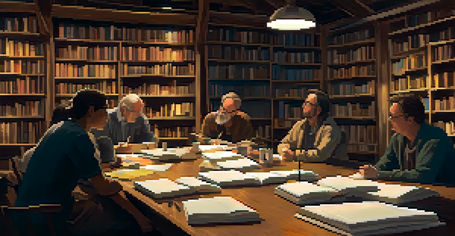 An author leading a workshop with aspiring writers, surrounded by books and warm lighting.