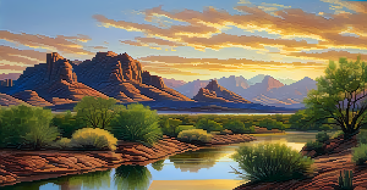 A peaceful sunset view of the Salt River in Phoenix, with lush greenery and sacred mountains reflecting golden hues.