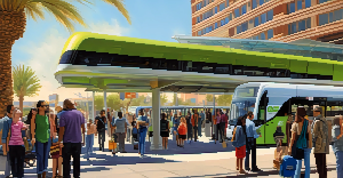 A lively urban transit station in Phoenix with a diverse group of people, including those using wheelchairs, waiting for buses. There are digital displays and desert plants around the area under bright sunlight.