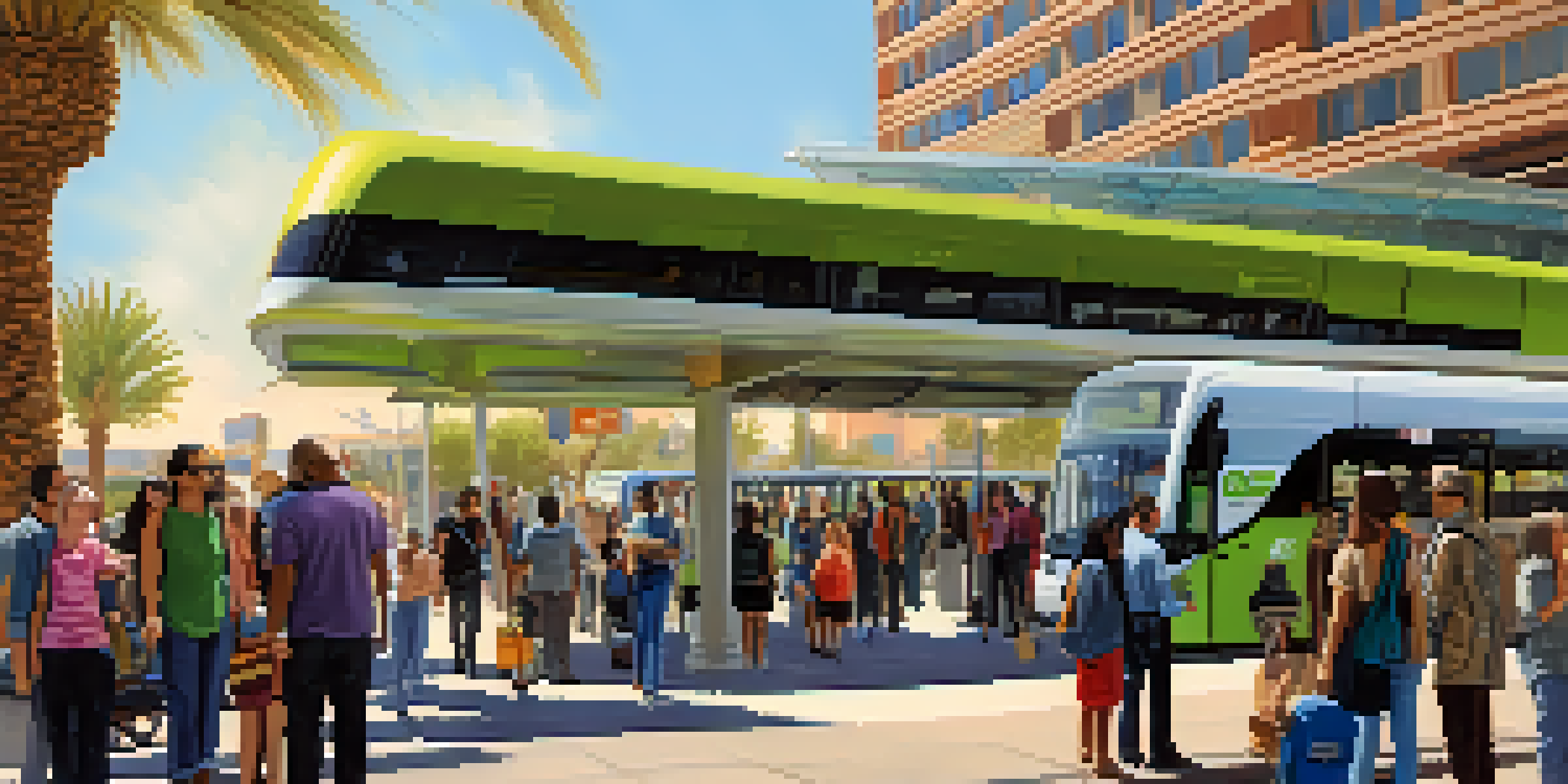 A lively urban transit station in Phoenix with a diverse group of people, including those using wheelchairs, waiting for buses. There are digital displays and desert plants around the area under bright sunlight.
