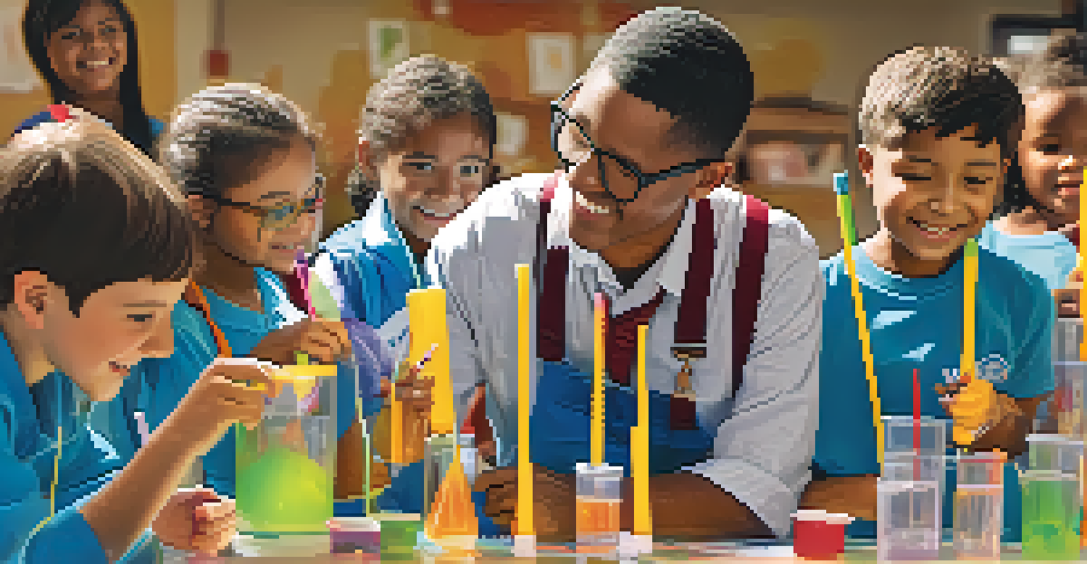 A student volunteer assisting younger children with a science experiment in a bright and engaging school environment.