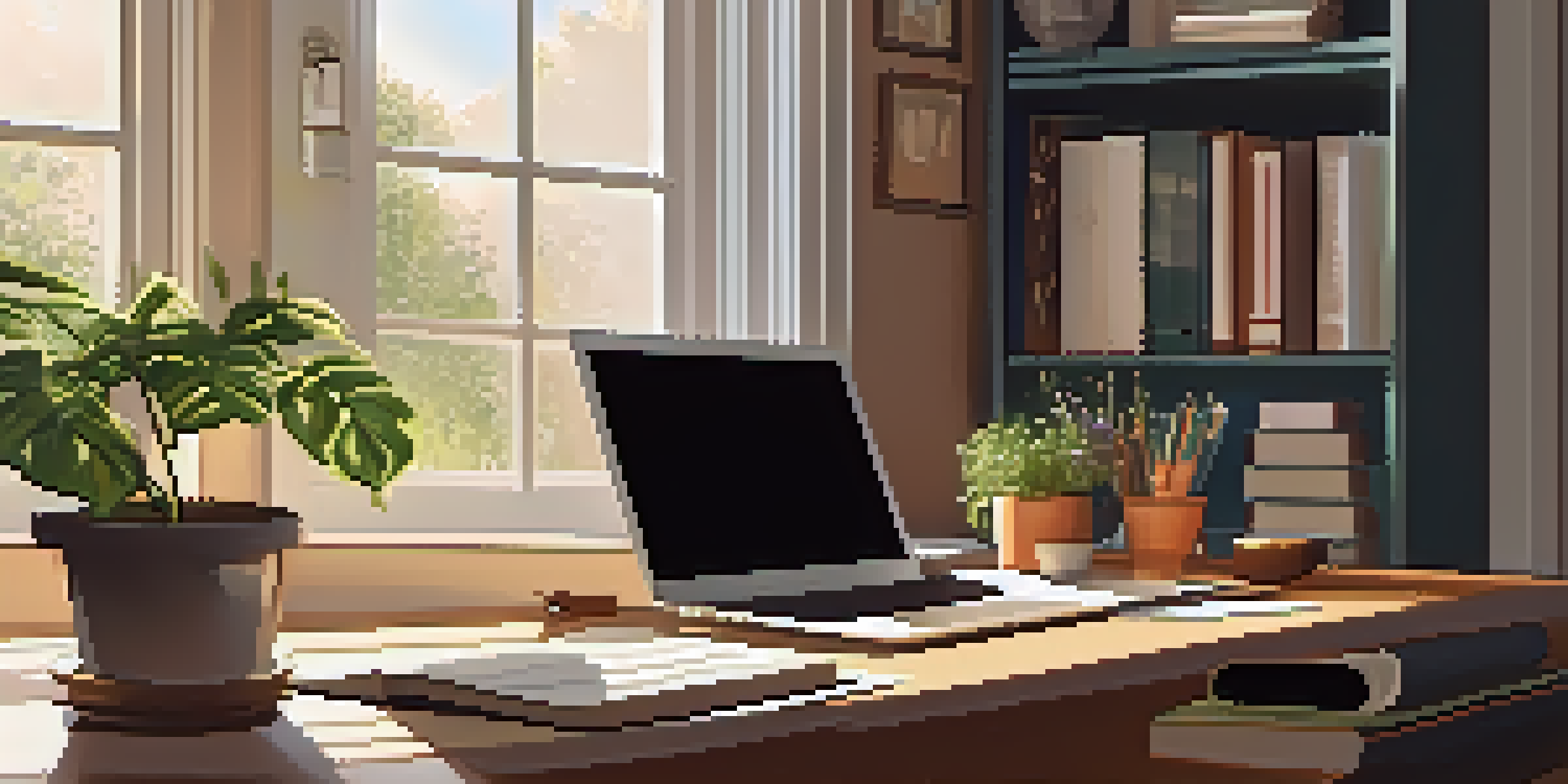 A bright and inviting home office with a desk, laptop, books, coffee mug, and a potted plant in a sunlit room.