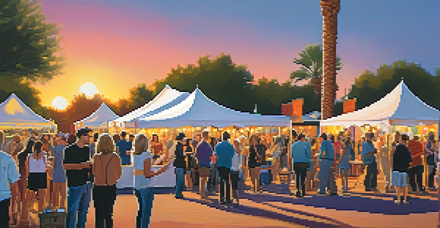An outdoor art event in Phoenix with artists displaying their work under colorful tents, attendees enjoying the atmosphere with live music and a sunset backdrop.
