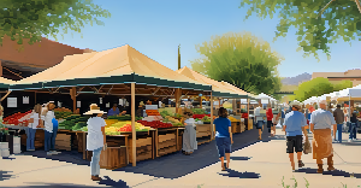 A rustic farmers' market featuring wooden stalls with organic produce and handmade goods, highlighted by a sunny atmosphere and blooming flowers.