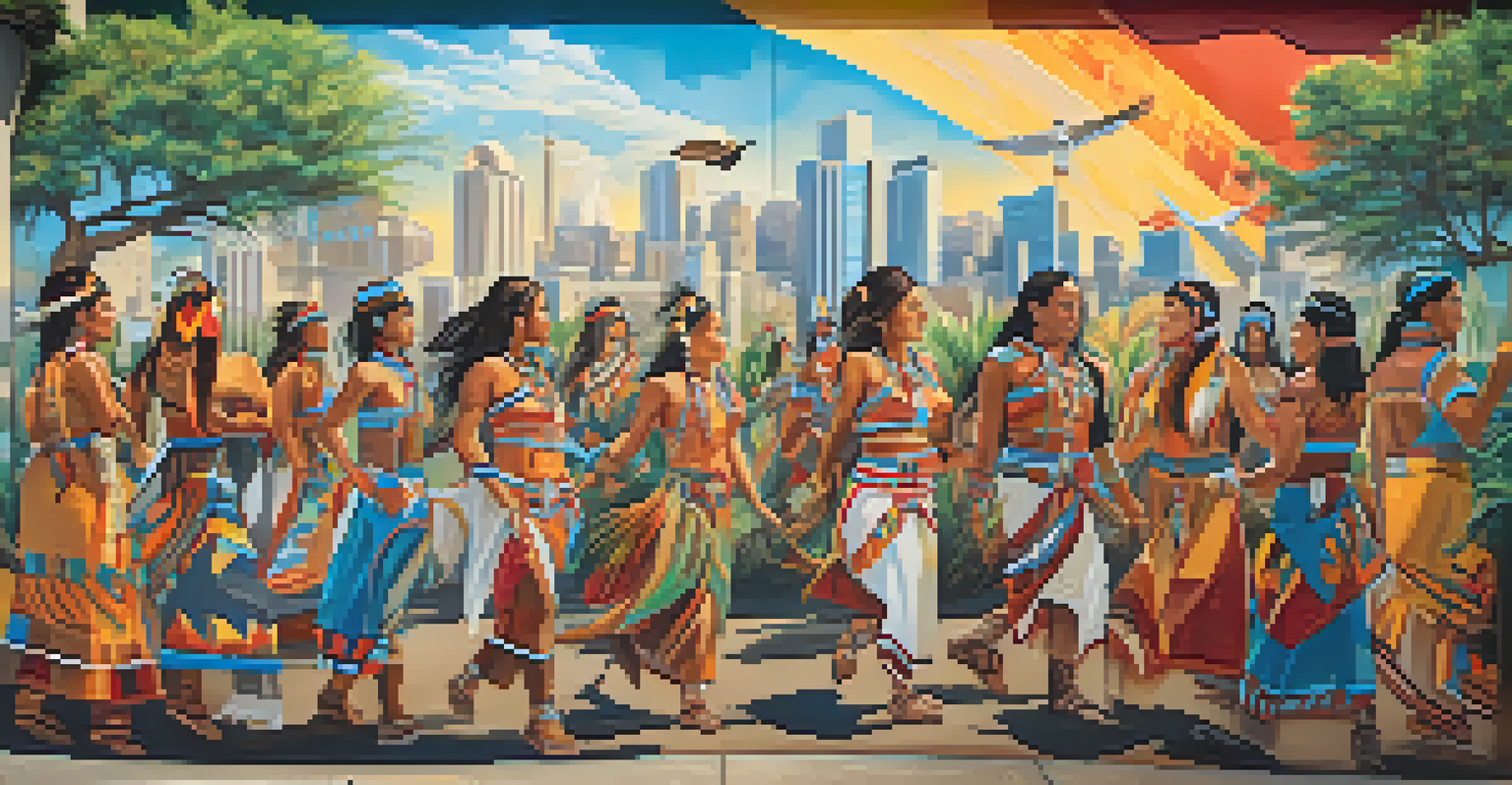 A vibrant mural in Phoenix depicting Native American heritage, featuring traditional dances and symbols, set against a modern urban backdrop.