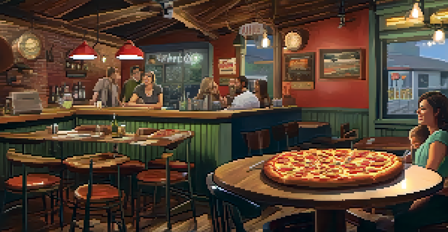 A family enjoying a large pizza and garlic bread in a retro-decorated restaurant with live music in the background.