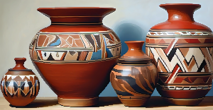 A collection of beautifully crafted Native American pottery arranged on a wooden table, featuring intricate patterns and warm colors.