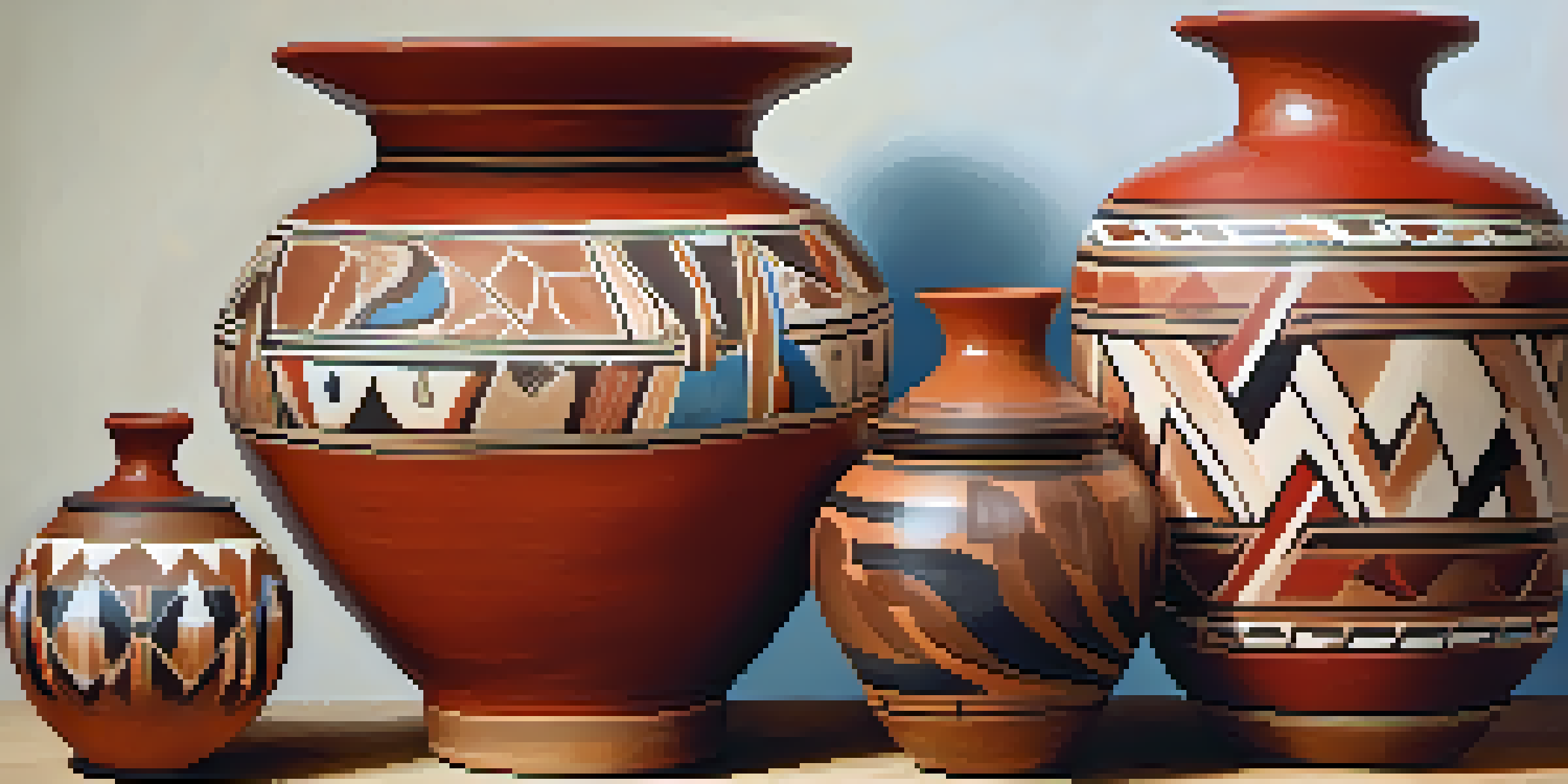 A collection of beautifully crafted Native American pottery arranged on a wooden table, featuring intricate patterns and warm colors.