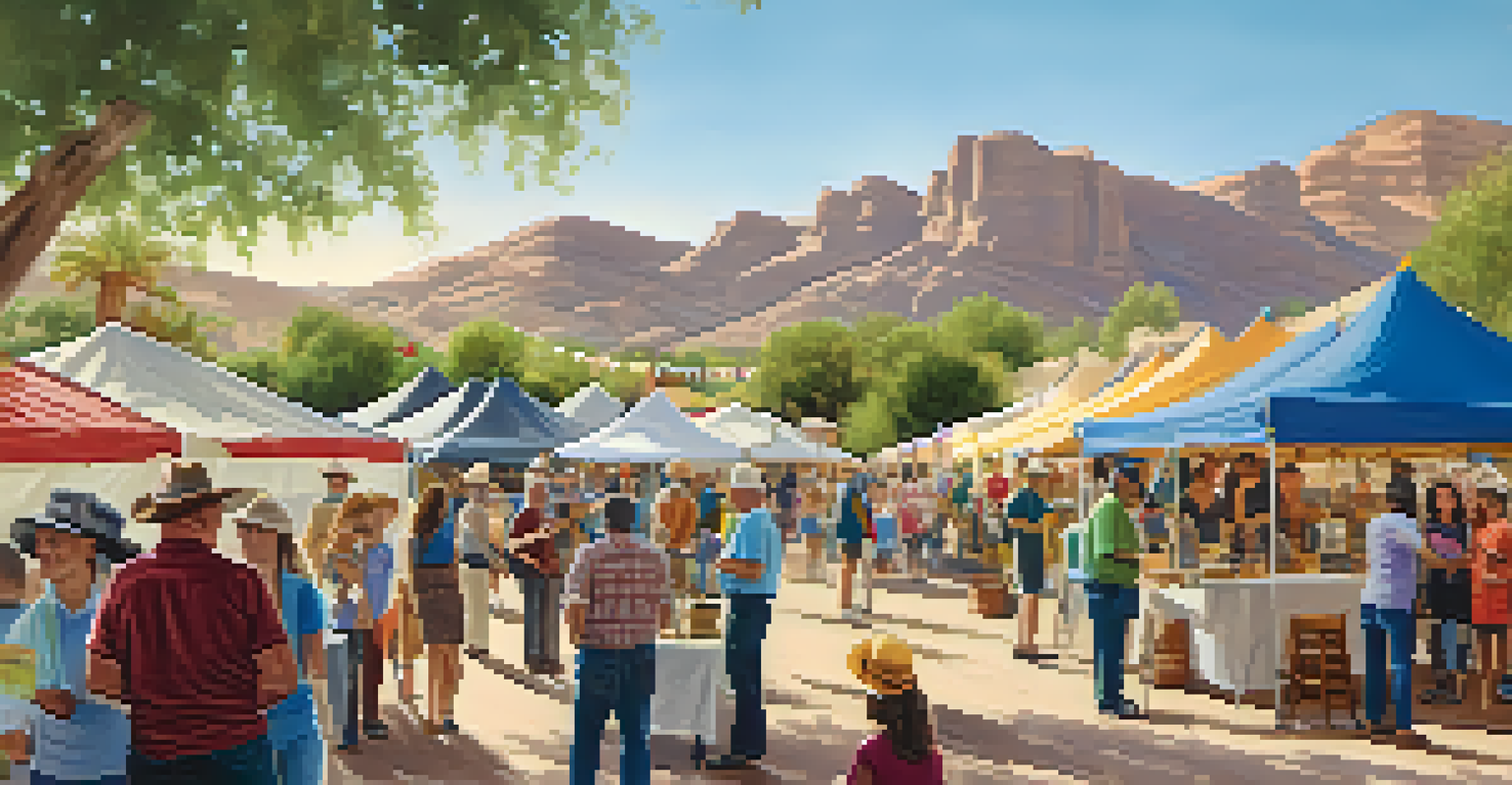 A lively community preservation fair in Phoenix, featuring residents interacting with displays and participating in activities under colorful tents.