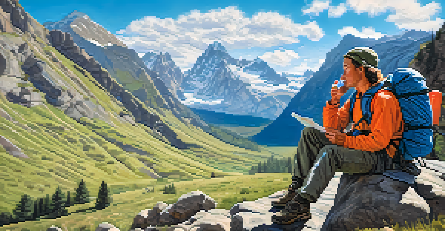 A hiker resting on a rock with a mountain backdrop, drinking water and surrounded by hiking gear.