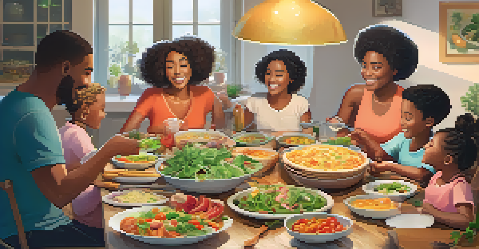 A family gathered around a dining table filled with colorful dishes, enjoying a meal and sharing stories after a cooking workshop.