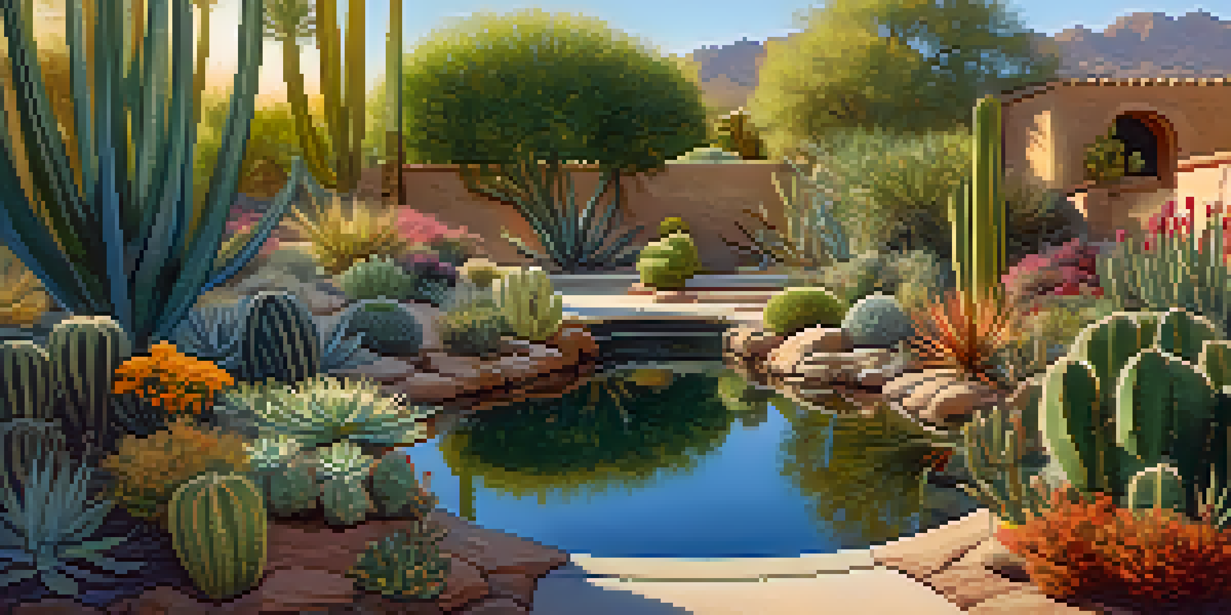 A peaceful early morning view of the Desert Botanical Garden with colorful cacti and a koi pond, illuminated by soft golden light.