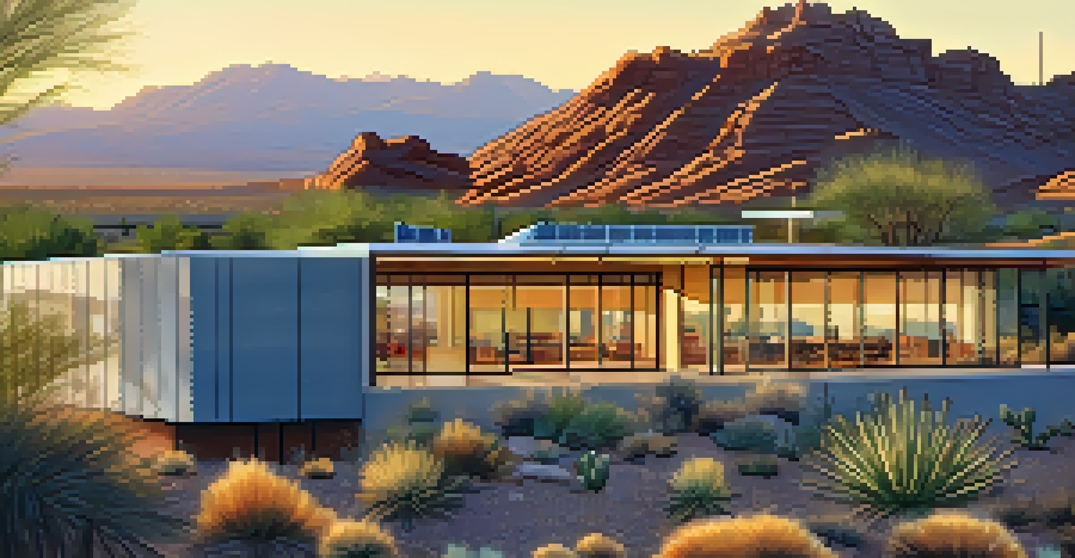 A modern building in Phoenix with large windows, a green roof, and solar panels, situated in the Arizona desert with mountains in the background.