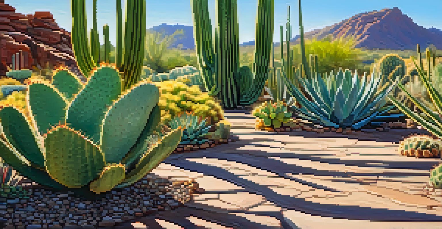 A close-up view of diverse cacti and succulents in the Desert Botanical Garden in Phoenix under bright sunlight.