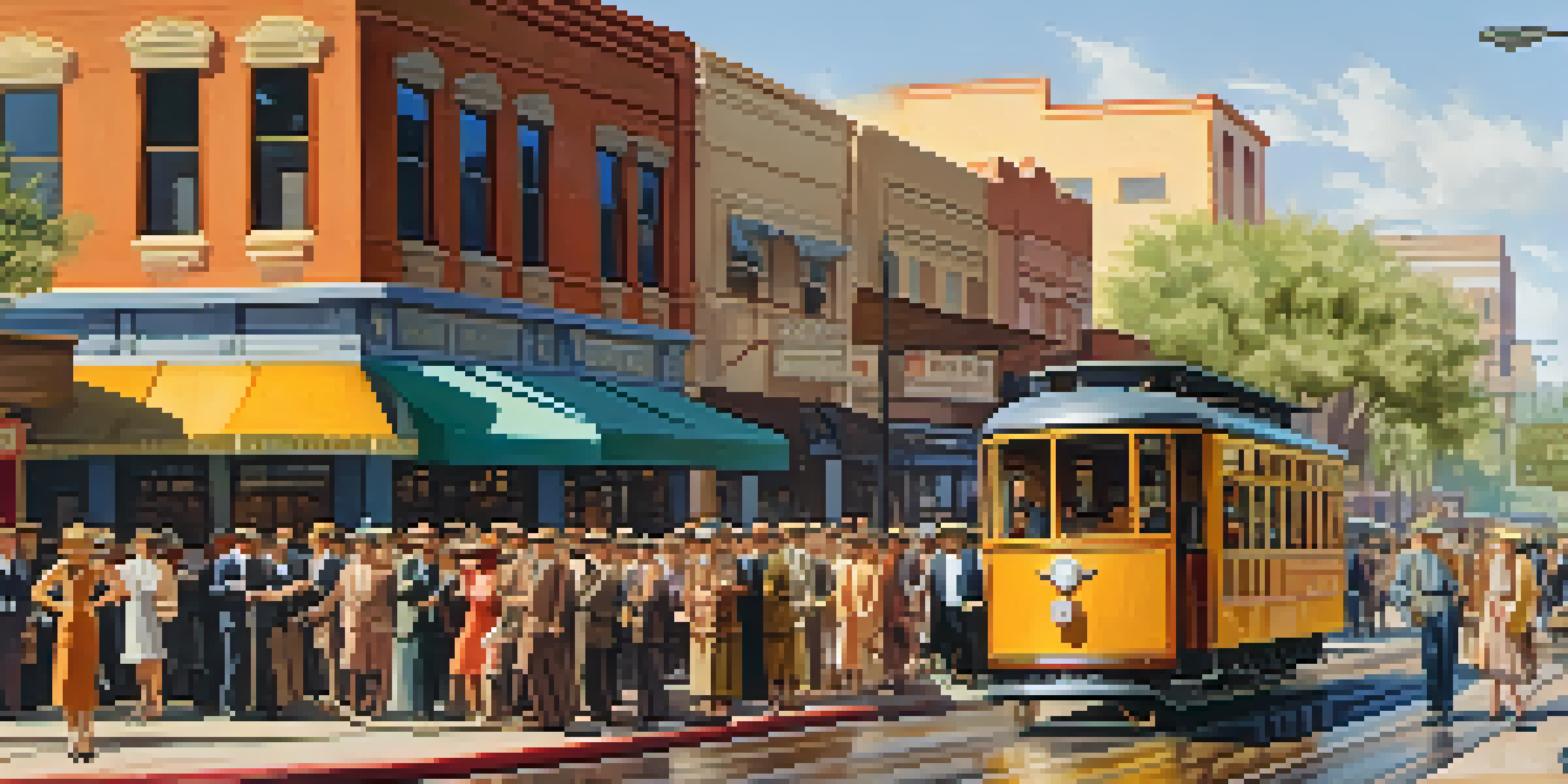 A lively street scene in 1920s Phoenix with vintage streetcars, period-dressed pedestrians, and sunny storefronts.