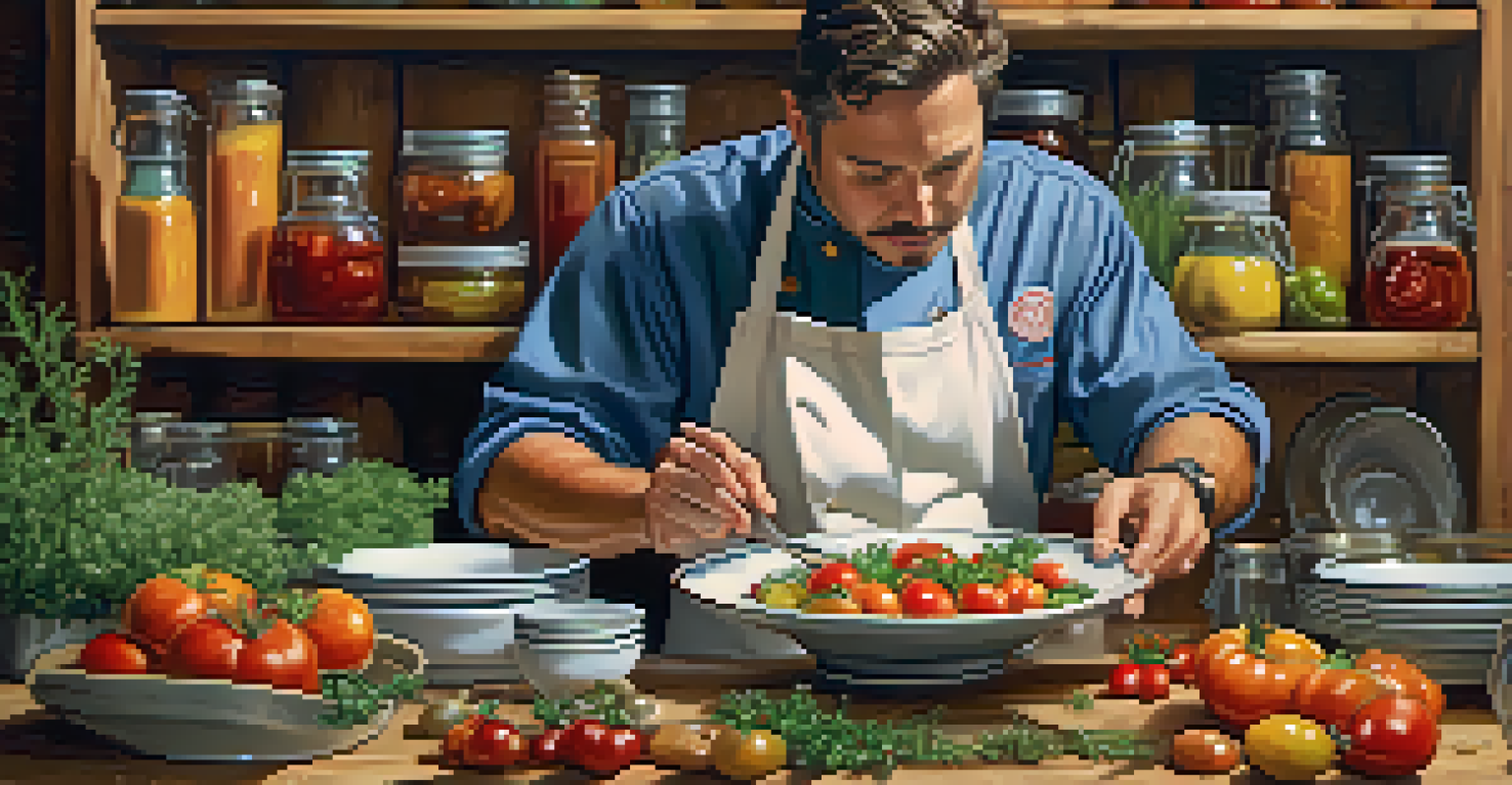 A chef plating a colorful dish with seasonal ingredients in a rustic kitchen filled with jars and fresh produce.