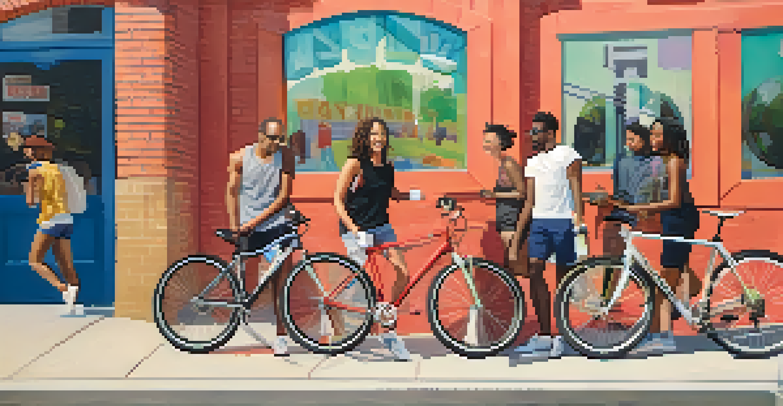 A group of friends chatting happily outside a spin studio after their class, showcasing a sense of community.