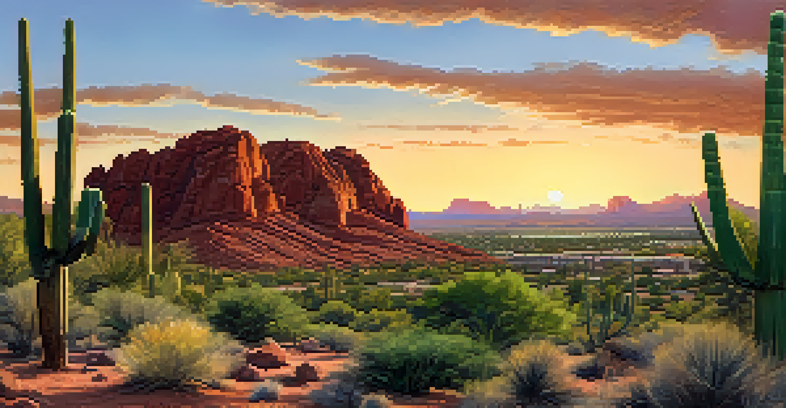 A panoramic view of Papago Park with the Hole-in-the-Rock formation illuminated by sunset, lush vegetation in the foreground and city skyline in the background.