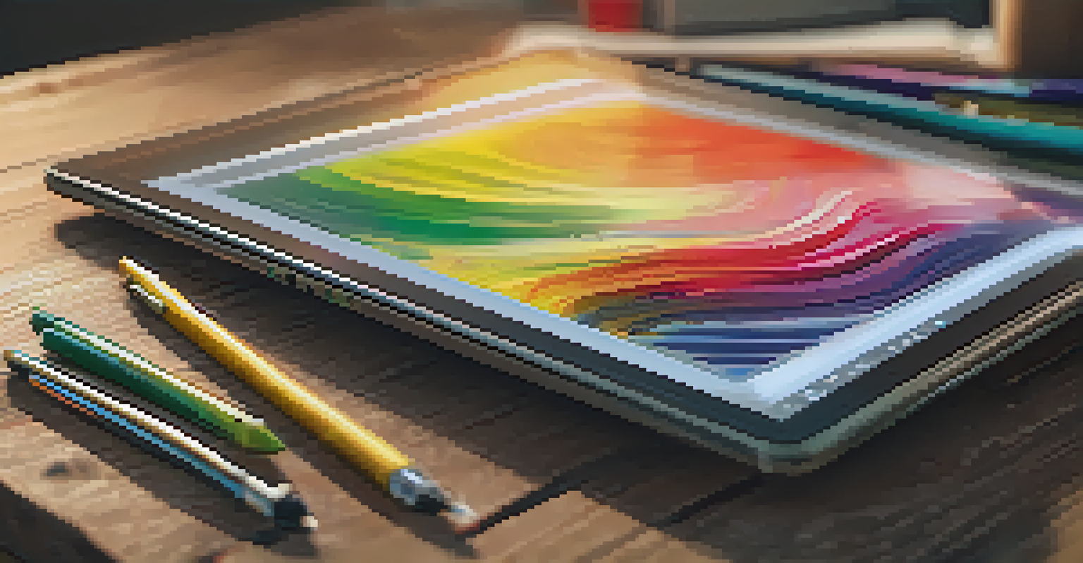 A close-up of a digital tablet and stylus on a wooden table, showing a colorful landscape painting in progress.