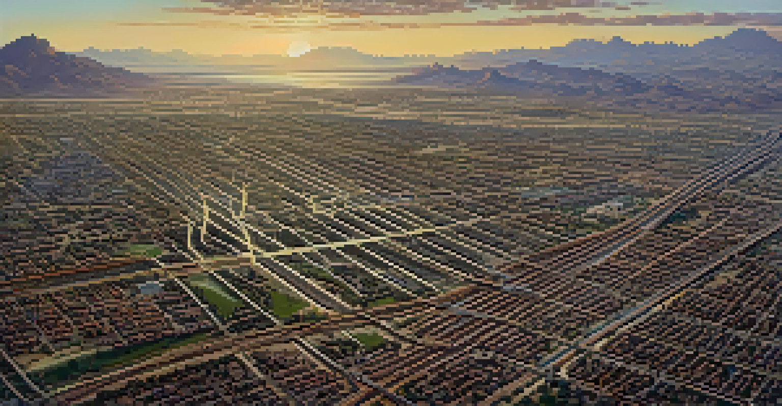 An aerial view of 1880s Phoenix showing railroad tracks, neighborhoods, and a desert landscape.