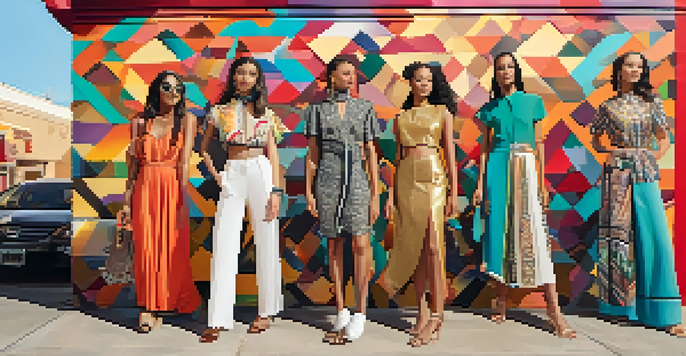 A lively street scene in Phoenix with local fashion designers showcasing collections at a pop-up shop, colorful murals in the background, and diverse models in unique outfits.