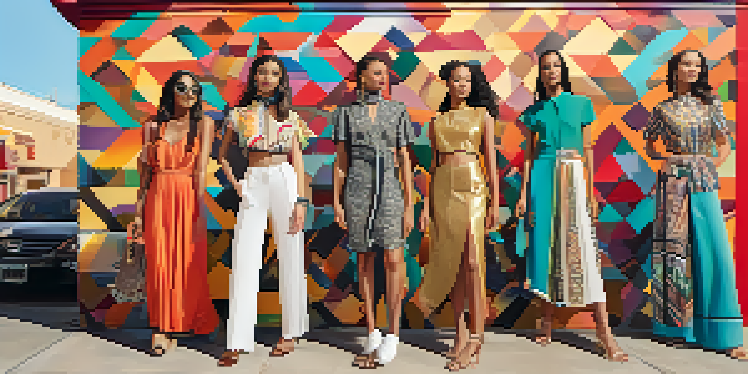 A lively street scene in Phoenix with local fashion designers showcasing collections at a pop-up shop, colorful murals in the background, and diverse models in unique outfits.