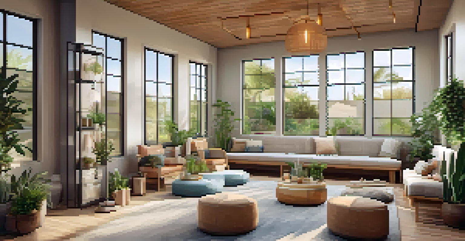 A peaceful meditation area in a wellness center with cushions, plants, and natural light creating a calming atmosphere.